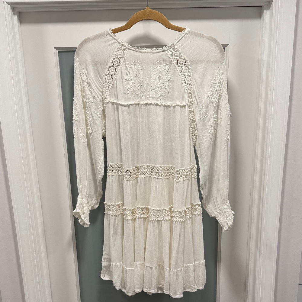 Free People Ivory Lace-Trim Long Sleeve Boho Dress